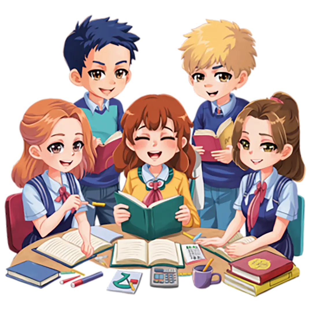 Ilustrasi pendidikan modern dengan siswa belajar di ruang kelas yang cerah dan teknologi